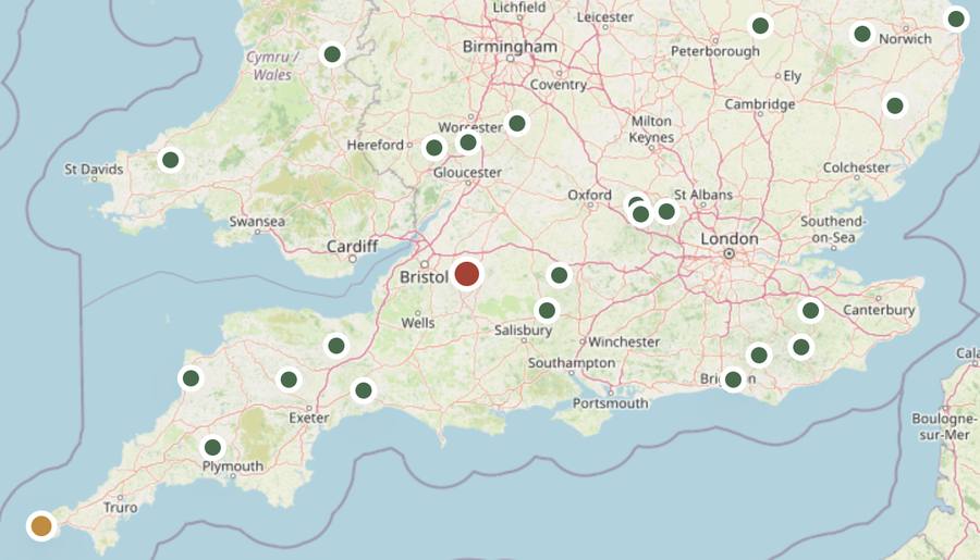Interactive map showing apple pressing services across the South West and South East of England
